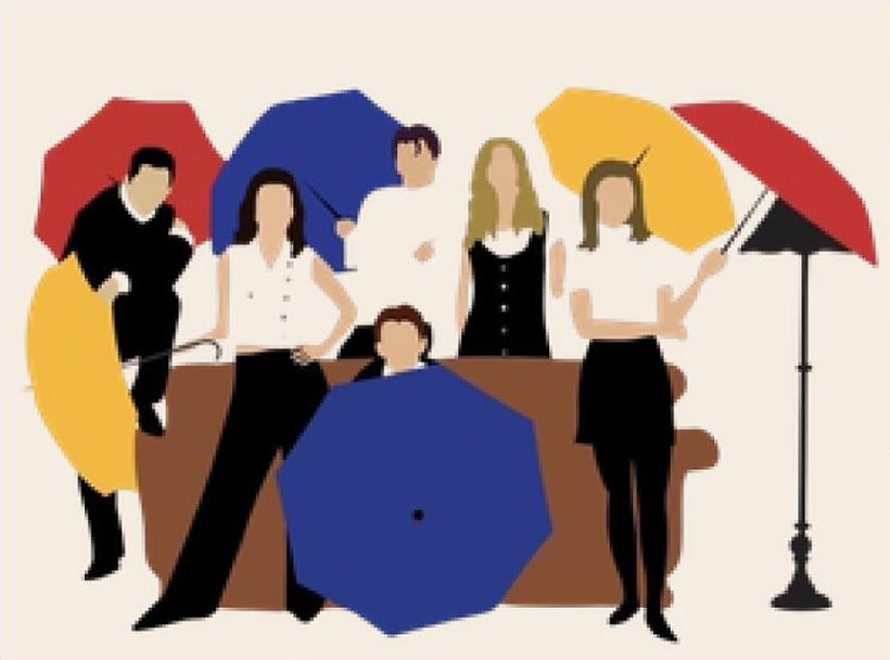 Ilustração da capa do cardápio: a turma com guarda-chuvas ao redor do sofá